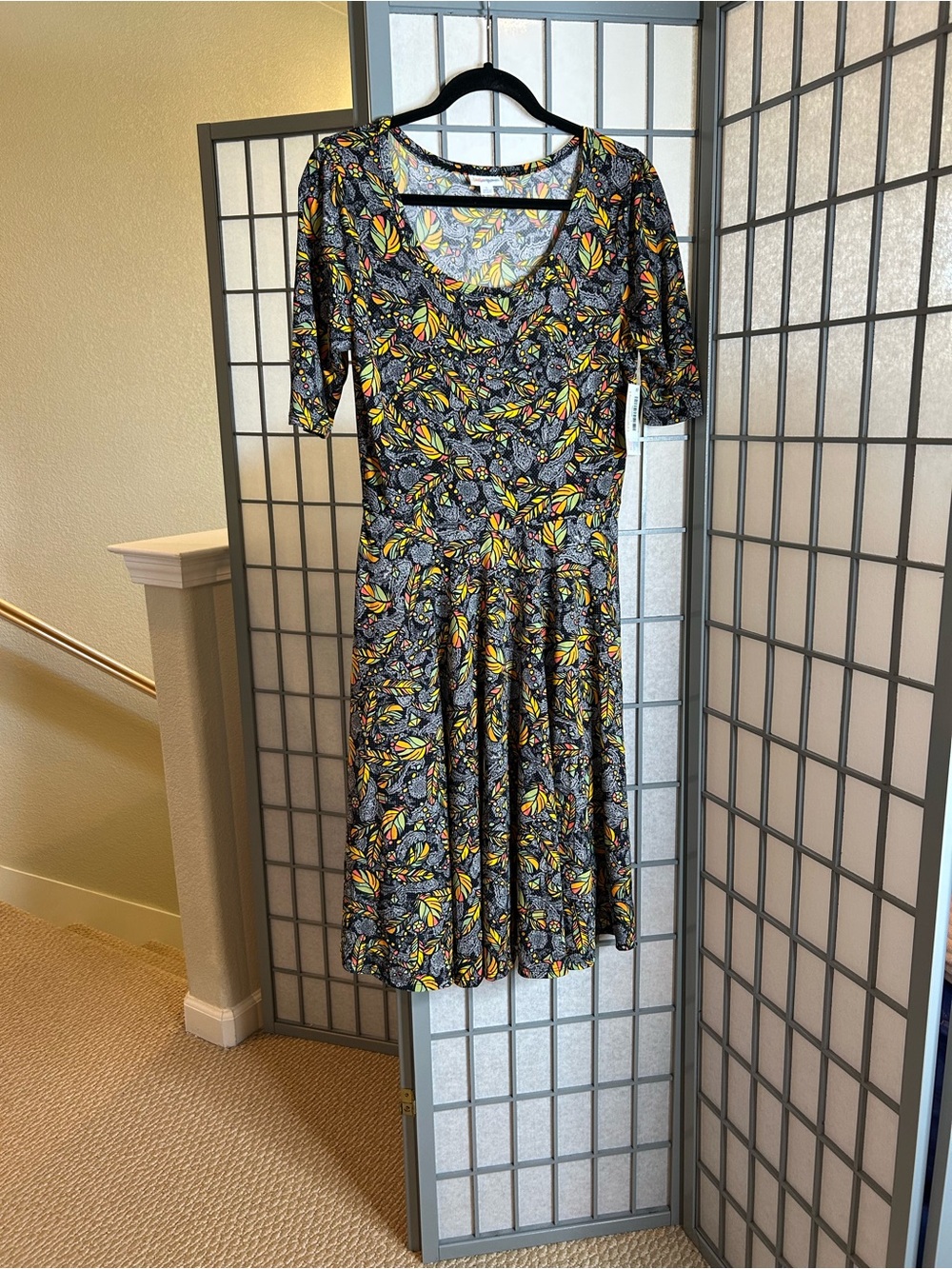 NWT LuLaRoe Nicole Black Midi Dress with Yellow and Green Feather Print